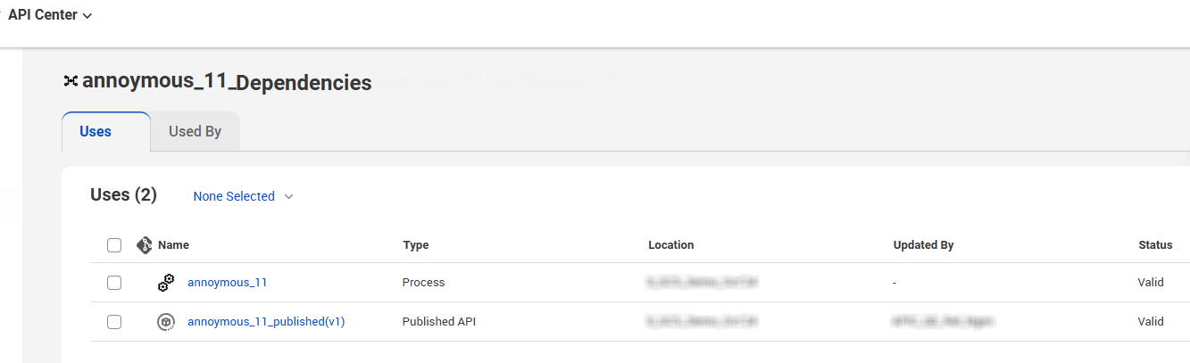 The image shows process and published API dependency on the Uses tab for a managed API. The page shows the Name, Type, Location, Updated By, and Status columns for the process and published API.