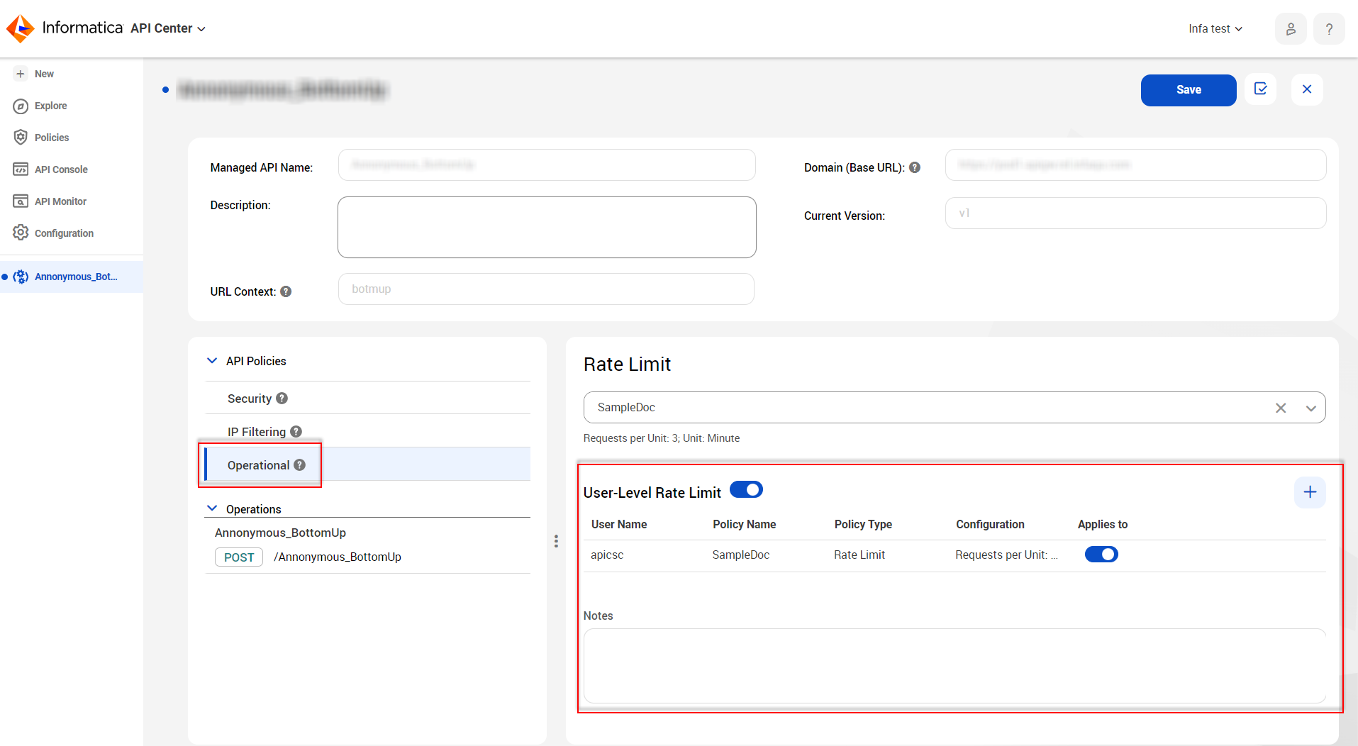 Configuring user-level rate limit policy for a managed API.