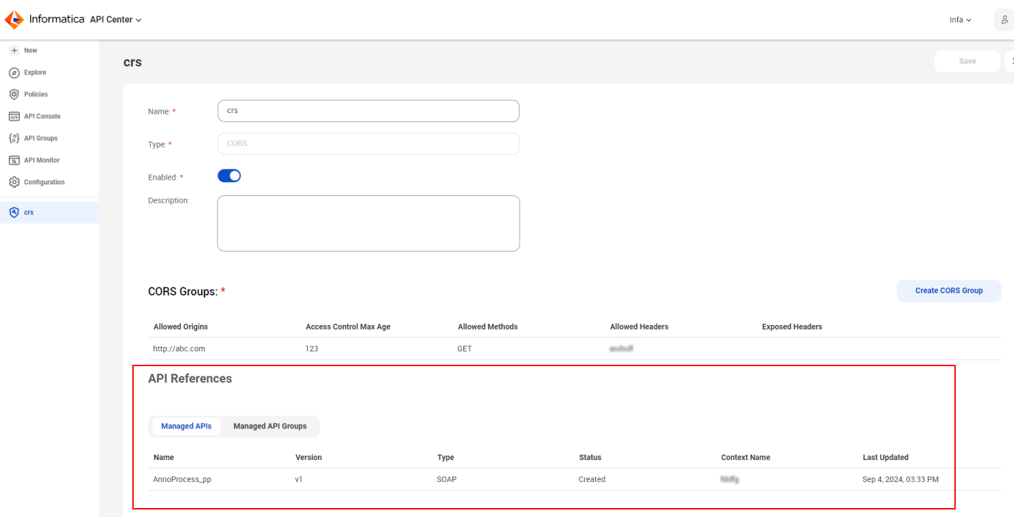 The image shows a sample API References area displaying the managed APIs that use the CORS policy.