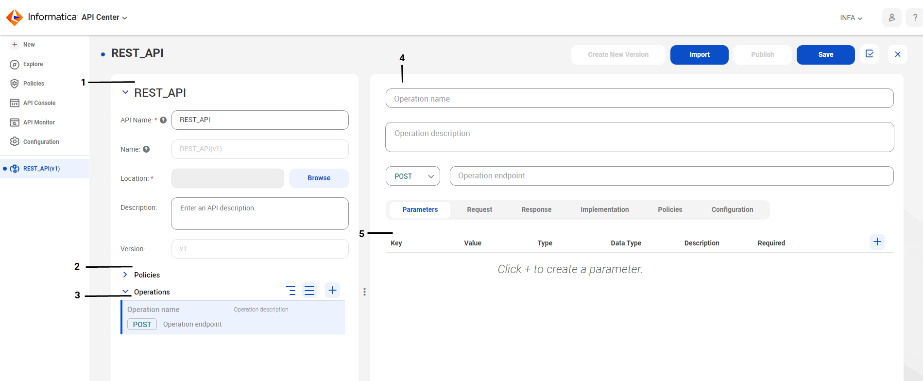 The page shows the REST API metadata area, policies area, expanded operations area with a POST operation selected and the operation panel for the POST operation.