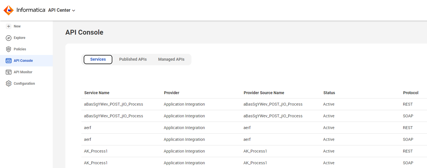 Servies tab listing sample REST and SOAP APIs.