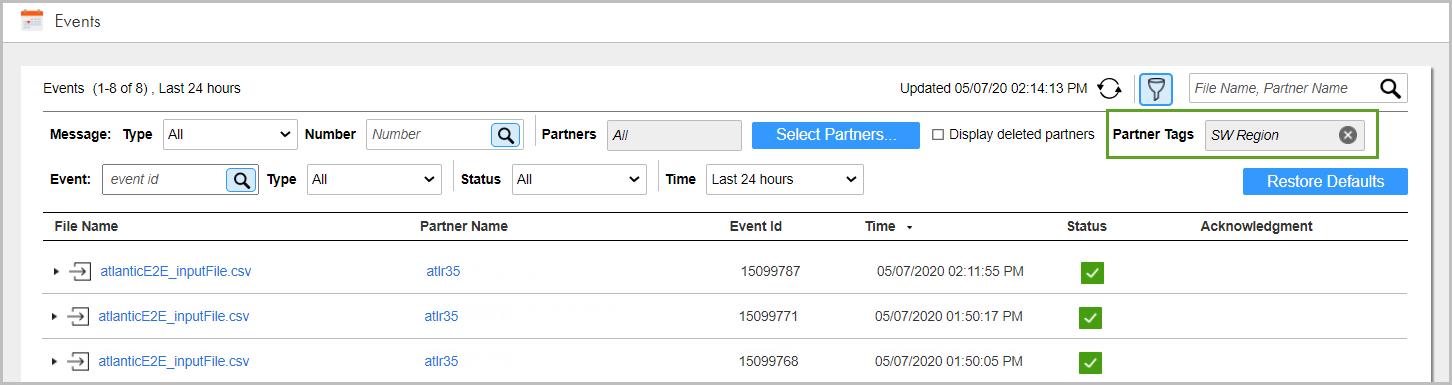 The Events page lists three events that are associated with the SW Region tag. In the search area, the SW Region tag appears in the Partner Tags search field, and the search time is the last 24 hours.