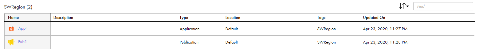 The Explore page shows two assets after you filter to list assets with tags. The name column lists assets App1 and Pub1. For each asset, the description, the type, the location, the tag, and the last time the asset was updated appears on the page.