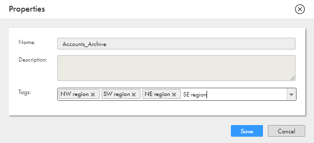 The Properties dialog box shows the asset name as Accounts_Archive. It includes the description and a list of tags associated with the asset. The bottom of the box contains the Save and Cancel buttons.