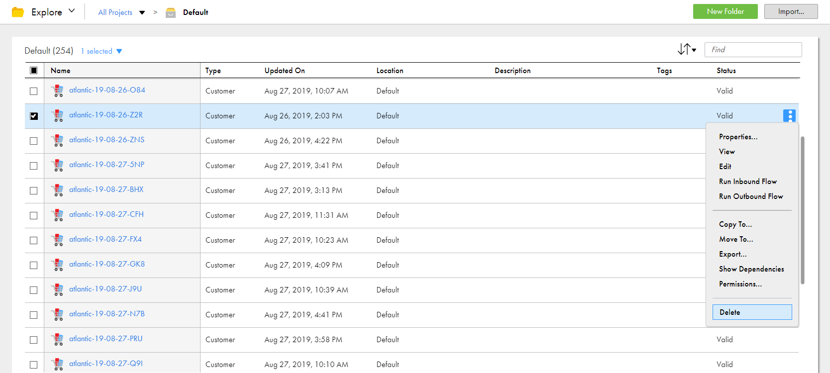 On the Explore page, the Actions menu for the highlighted asset includes the option to delete the asset.