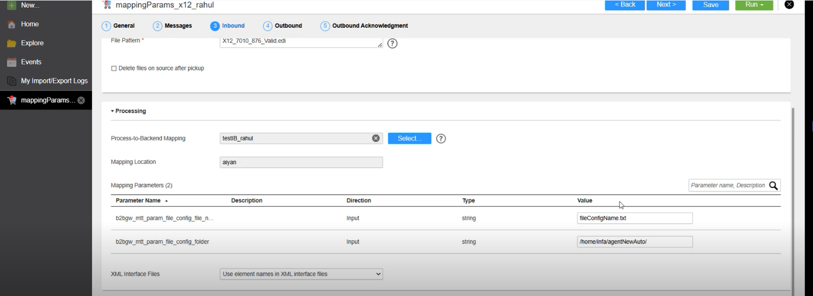 This image shows the sample parameter values that you must enter in the mapping parameters list.