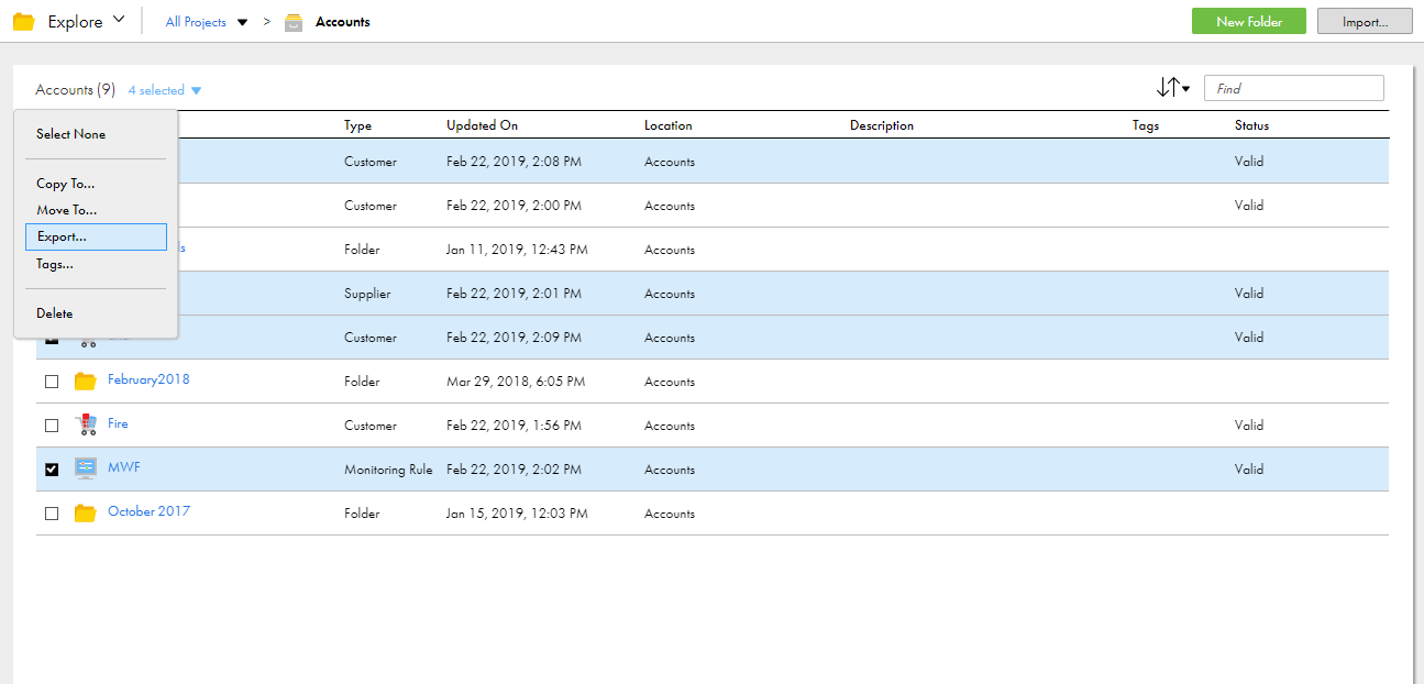 The Explore page is filtered to show the Accounts projects and three of the assets are selected to export. The selection menu shows options to copy, move, export, or delete the selected assets.