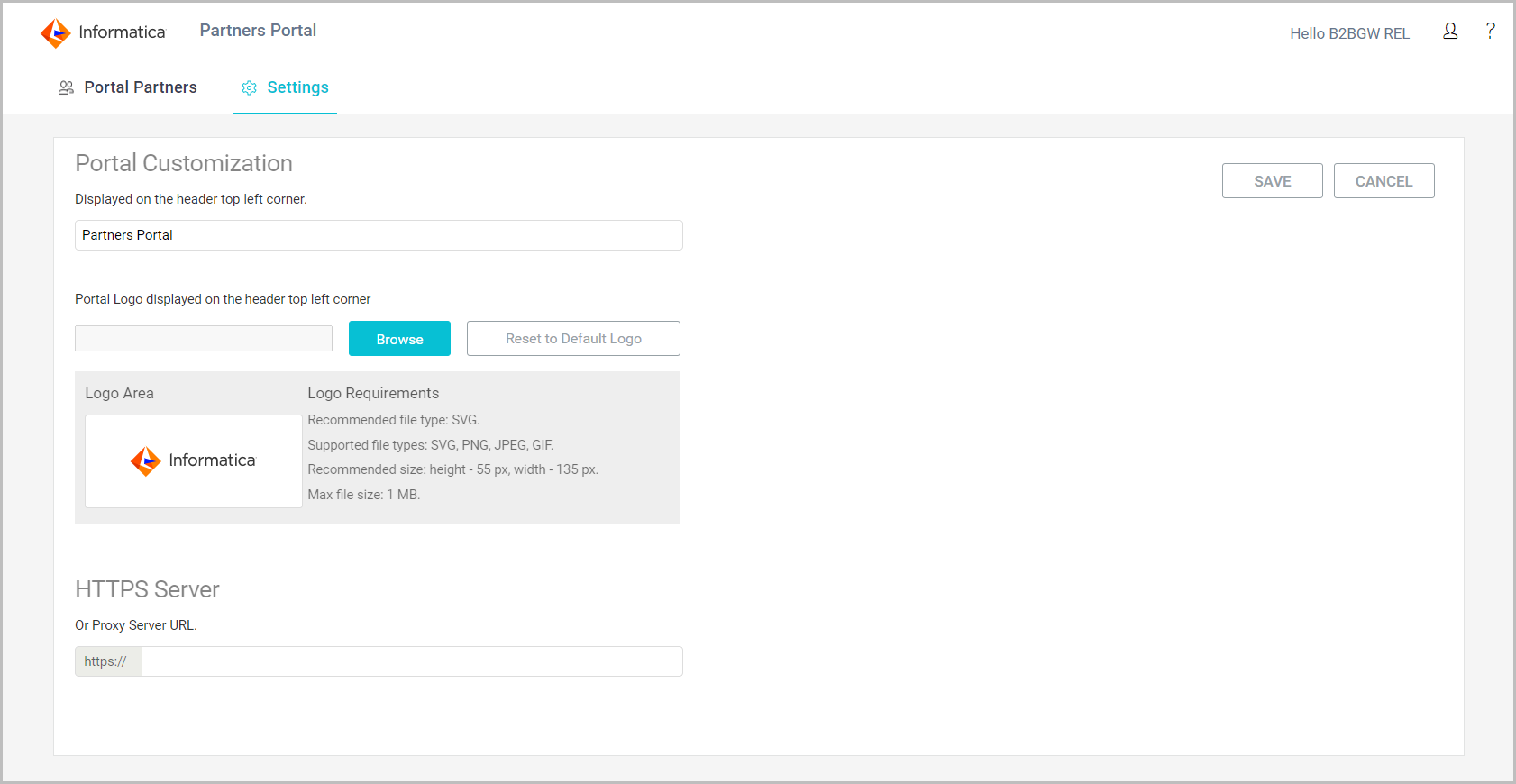 The Settings tab is divided into Portal Customization and HTTPS Server sections. The Portal Customization section shows that the default portal name, Partners Portal, and the Informatica logo are selected. The Logo Area lists logo requirements. No HTTPS server is defined.