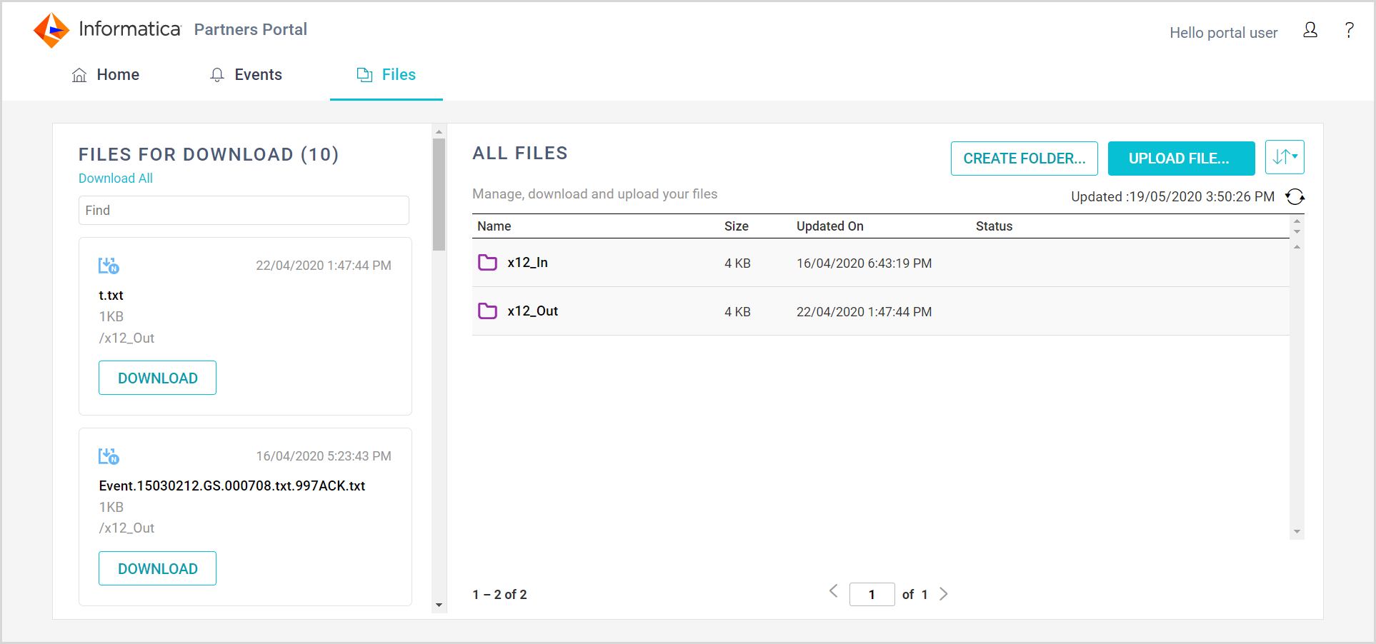 On the Files page, the Files for Download pane, on the left, shows the files that are available for download. The All Files pane, on the right, shows your file upload folders.