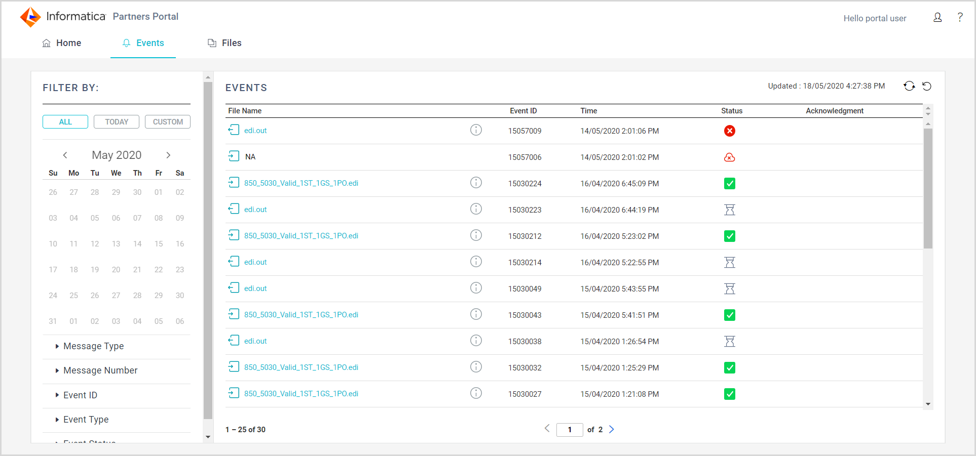 The Events area, on the left, shows events and event details based on the selected filters. You define the filters on the Filter pane, on the left. The Filter pane contains buttons to define the time frame to filter- All, Today, or Custom, a calendar where you can define a custom time frame, and other available filtering options such as message type or event ID.