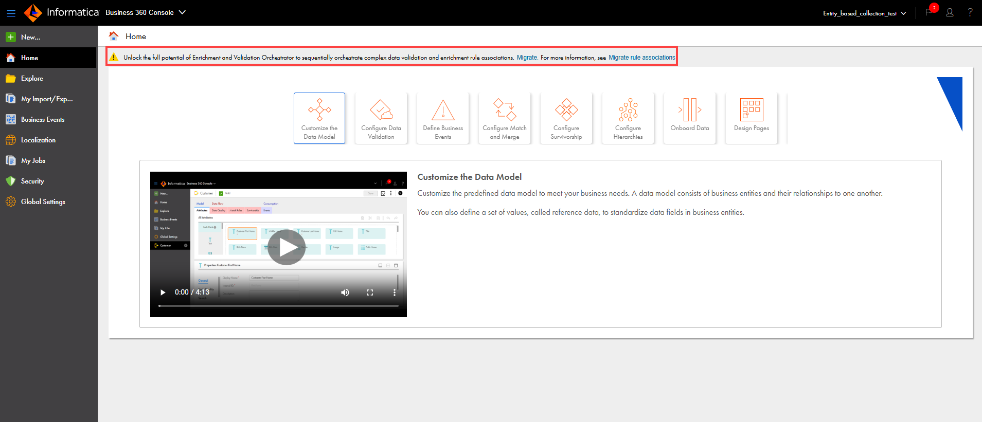 The Home page with the migrate rule association notification.