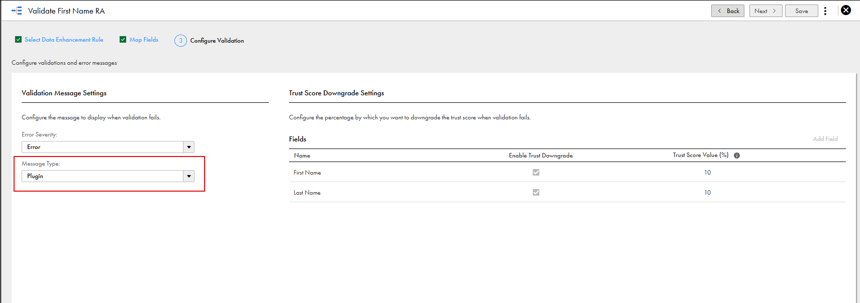 The Configure Validation page shows that the Message Type is set to Plugin under Validation Message Settings.