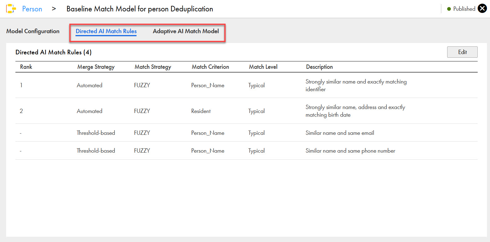 The match model configuration page shows the renamed objects.