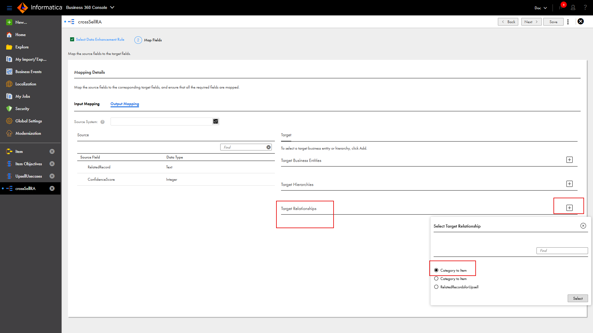 The Map Fields page shows the Select Target Relationship dialog box with the Category to Item relationship selected.