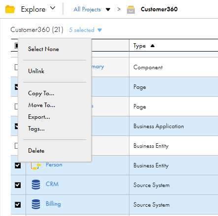 The selection menu link displays the number of objects selected and the selection menu lists the options you can perform on the selected objects such as Select None, Copy To, Move To, Export, and Delete.