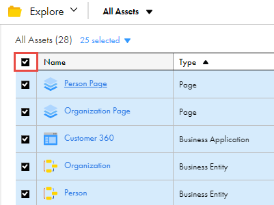 The Select All check box is to the left of the Name column label on the Explore page. All the assets on the page are selected.