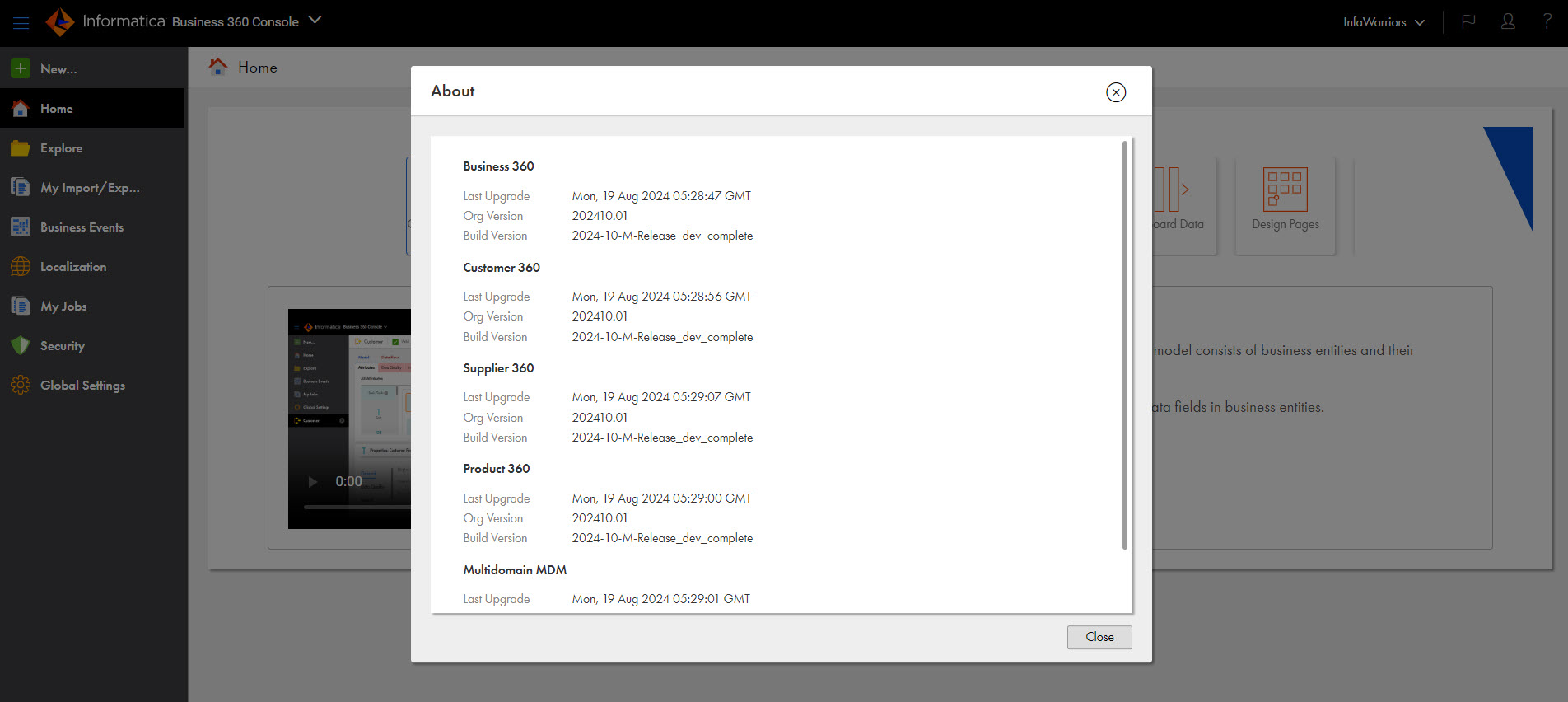 The About dialog box shows the build and org versions of Business 360 Console, Customer 360, Supplier 360, Product 360, and Multidoman MDM.