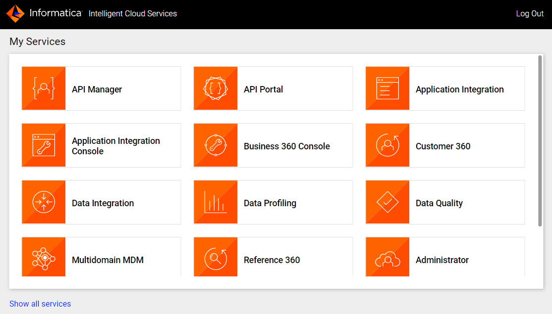 The My Services page shows the Informatica Ingelligent Cloud services that you can use.