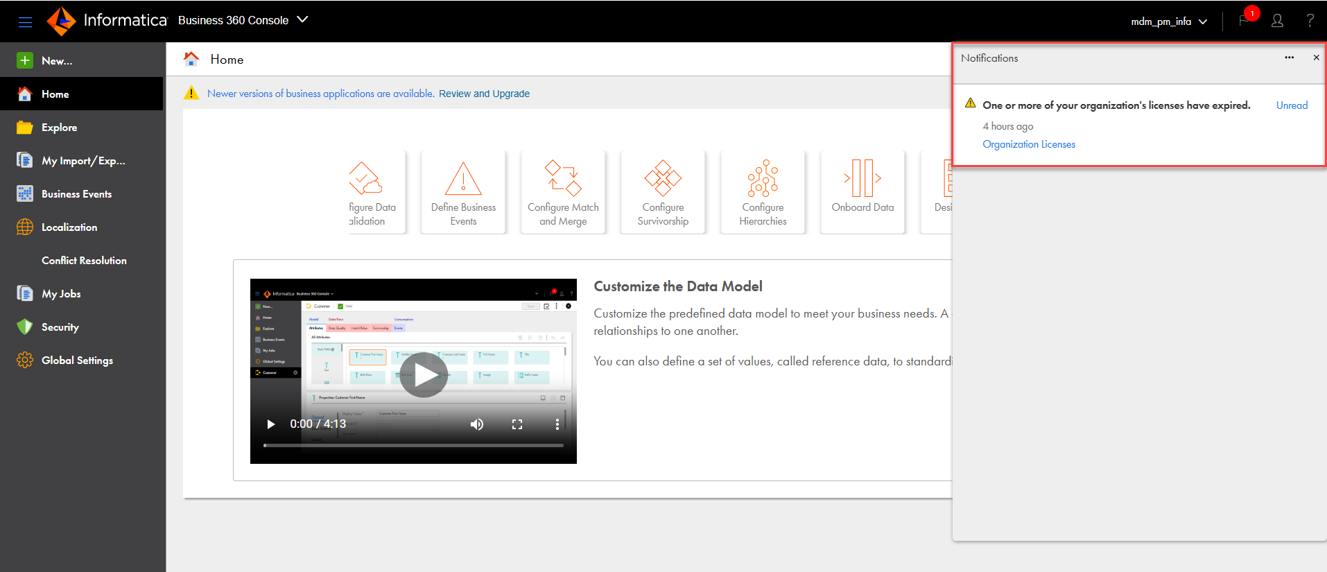 The Home page shows a notification that one or more of your organization licenses have expired. [