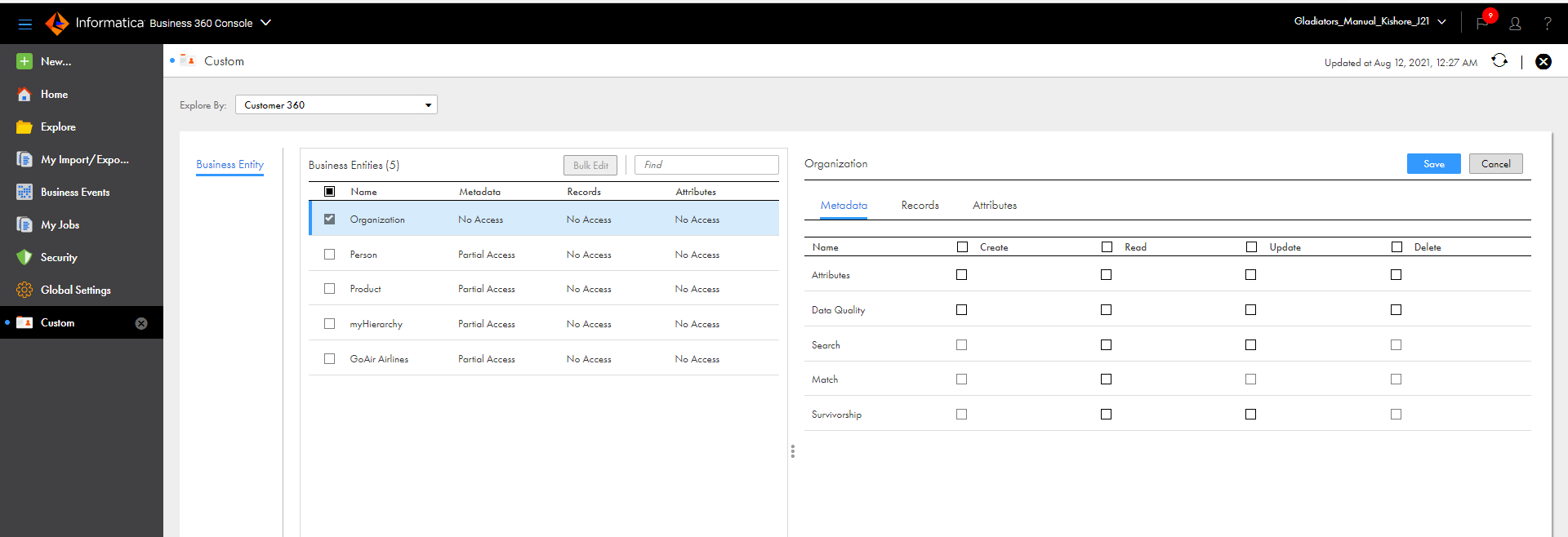 Lists the privileges for Business 360 Console user roles.