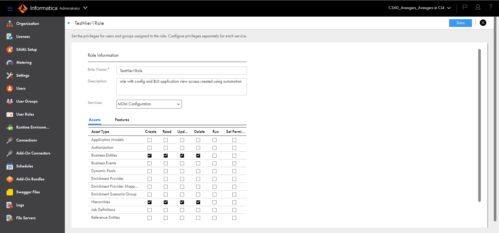 This page lists other assets such as business entities for which you can assign privileges if required.