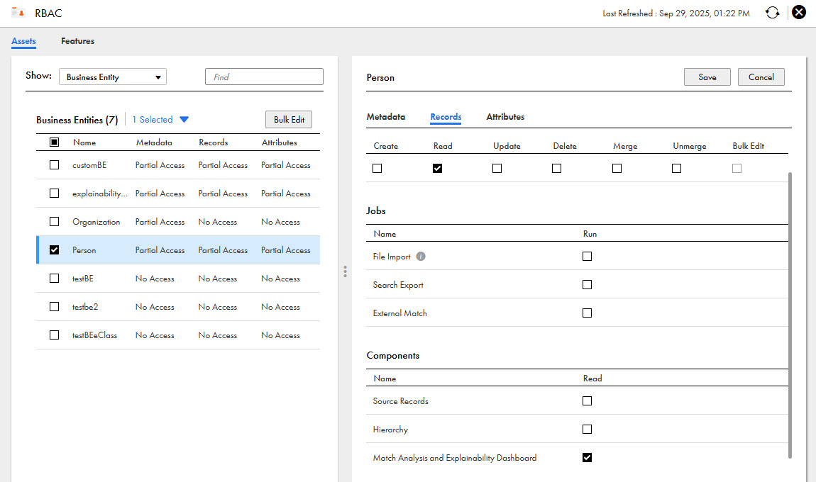 The Security page shows the read privilege assigned to a custom user role for records in the Person business entity. Additionally, the page shows the read privilege assigned to the Match Analysis and Explainability Dashboard within the Components section.