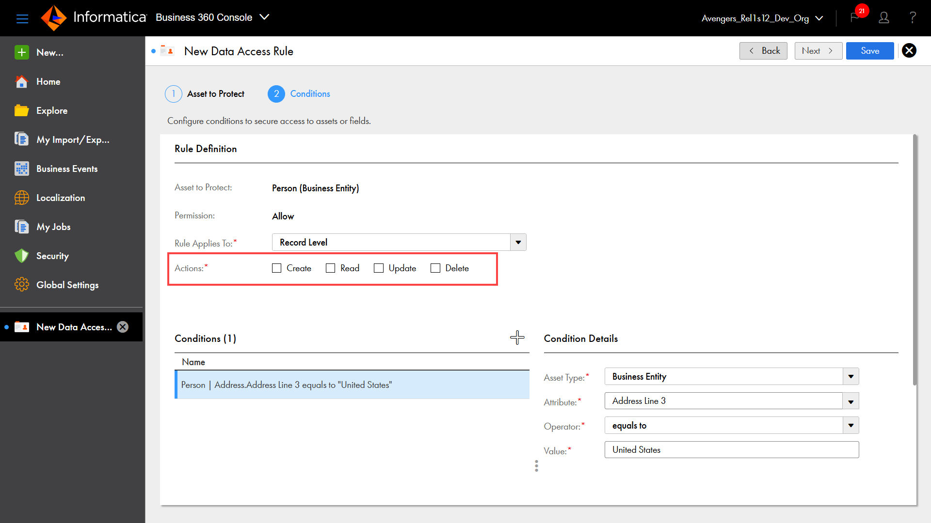 The page shows the create, read, update, and delete actions that you can enable in the data access rule.