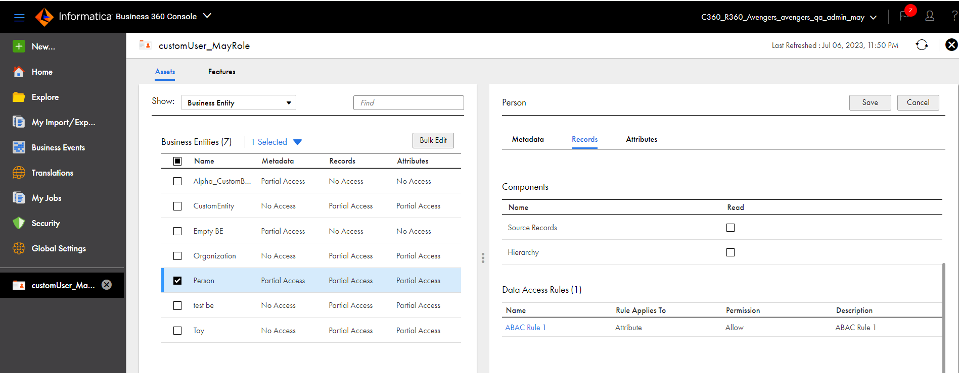 The links in the Name field opens the data access rule details page.