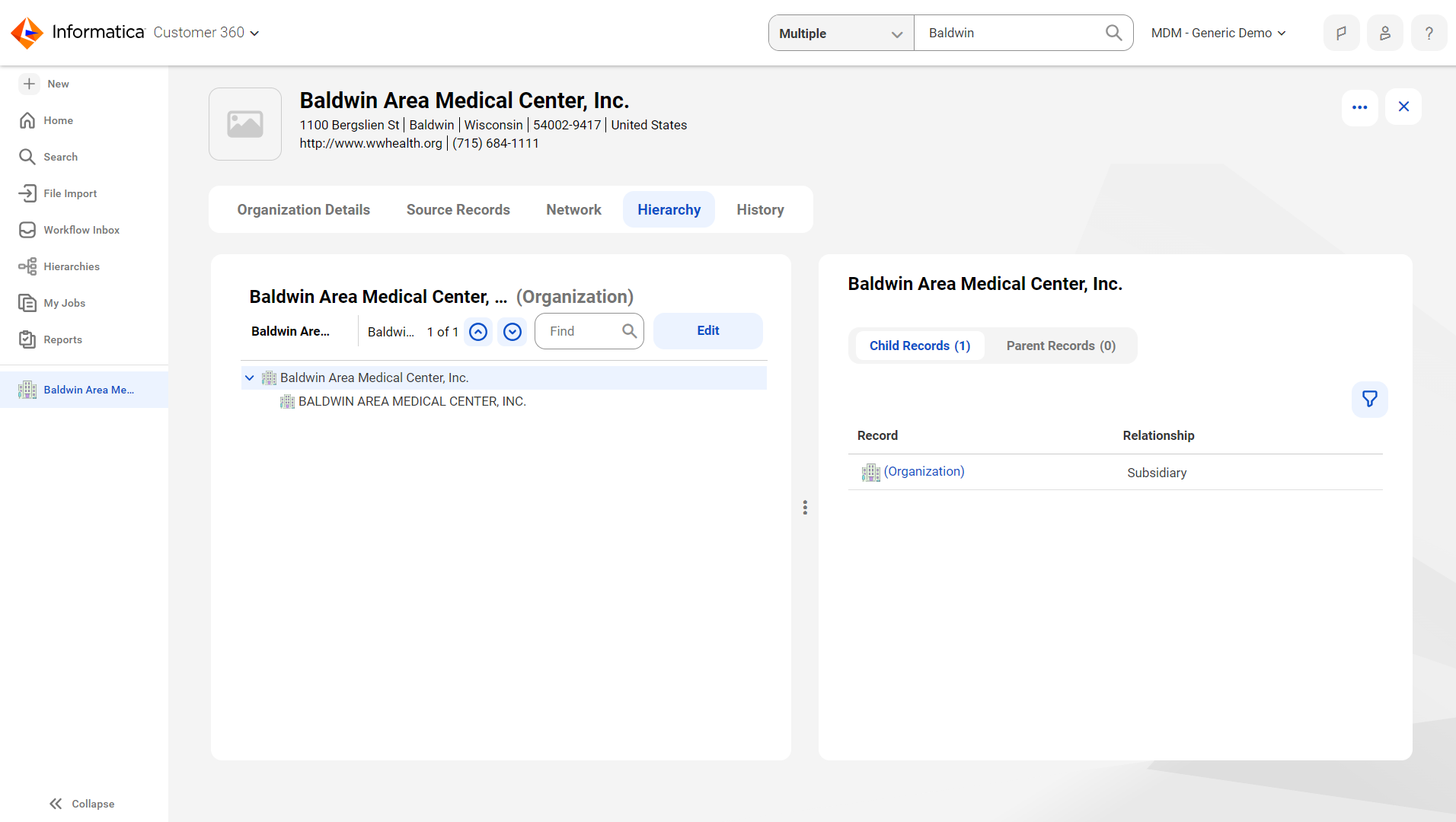 The image shows the Hierarchy tab with the hierarchy and relationship details for the Baldwin Area Medical Center record.