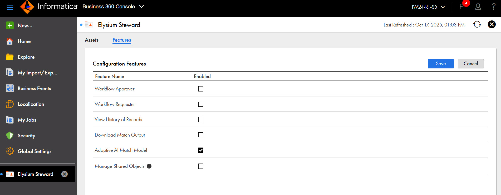 The Features page shows the Adaptive AI Match Model privilege enabled for a custom user role.