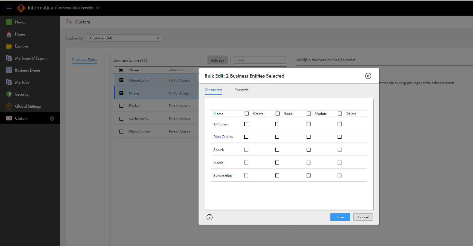 The attributes tab is available only for individual business entities and not visible on the bulk edit dialog box.