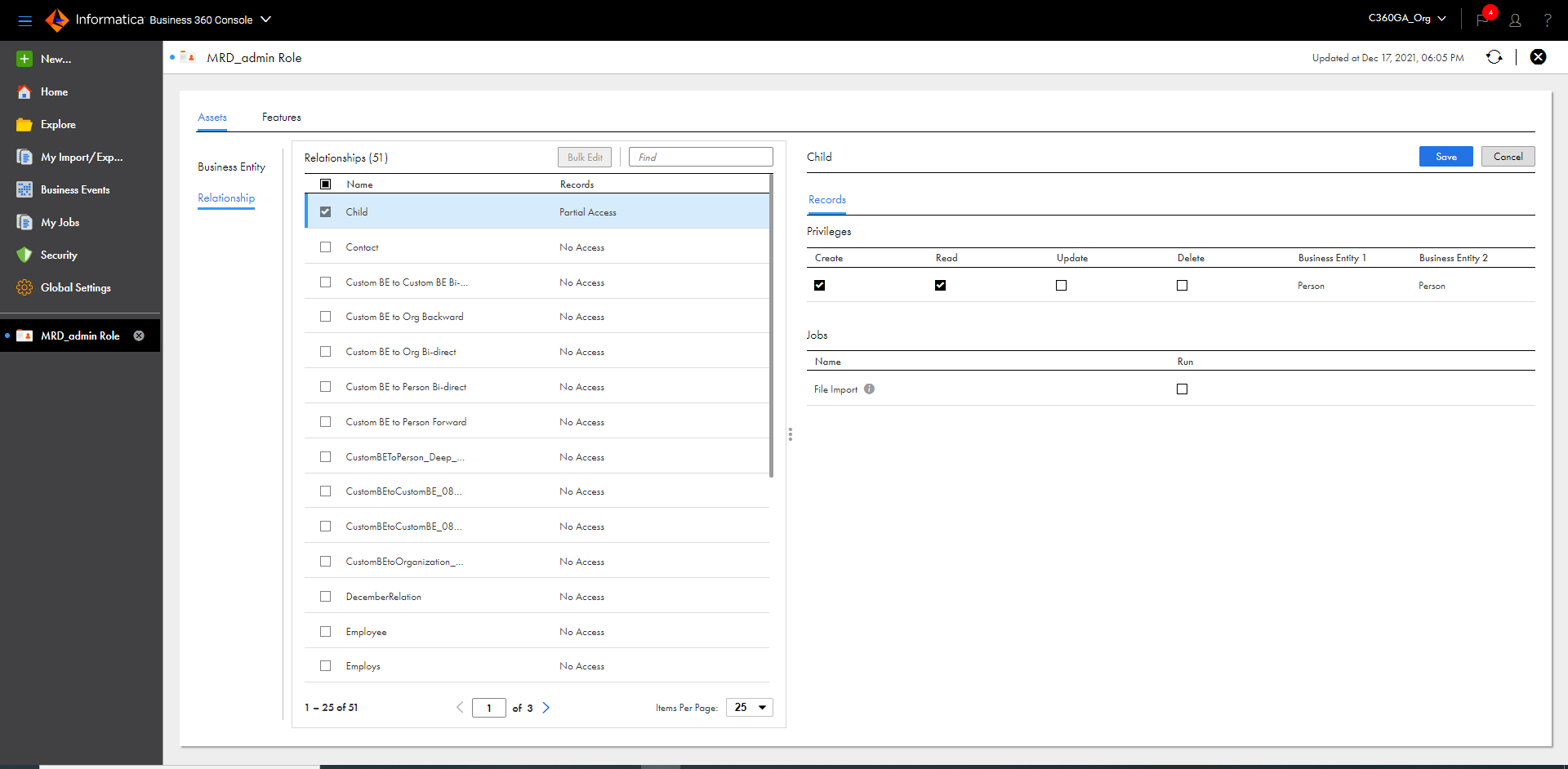 This image shows the child relationship configured for the Person business entity.