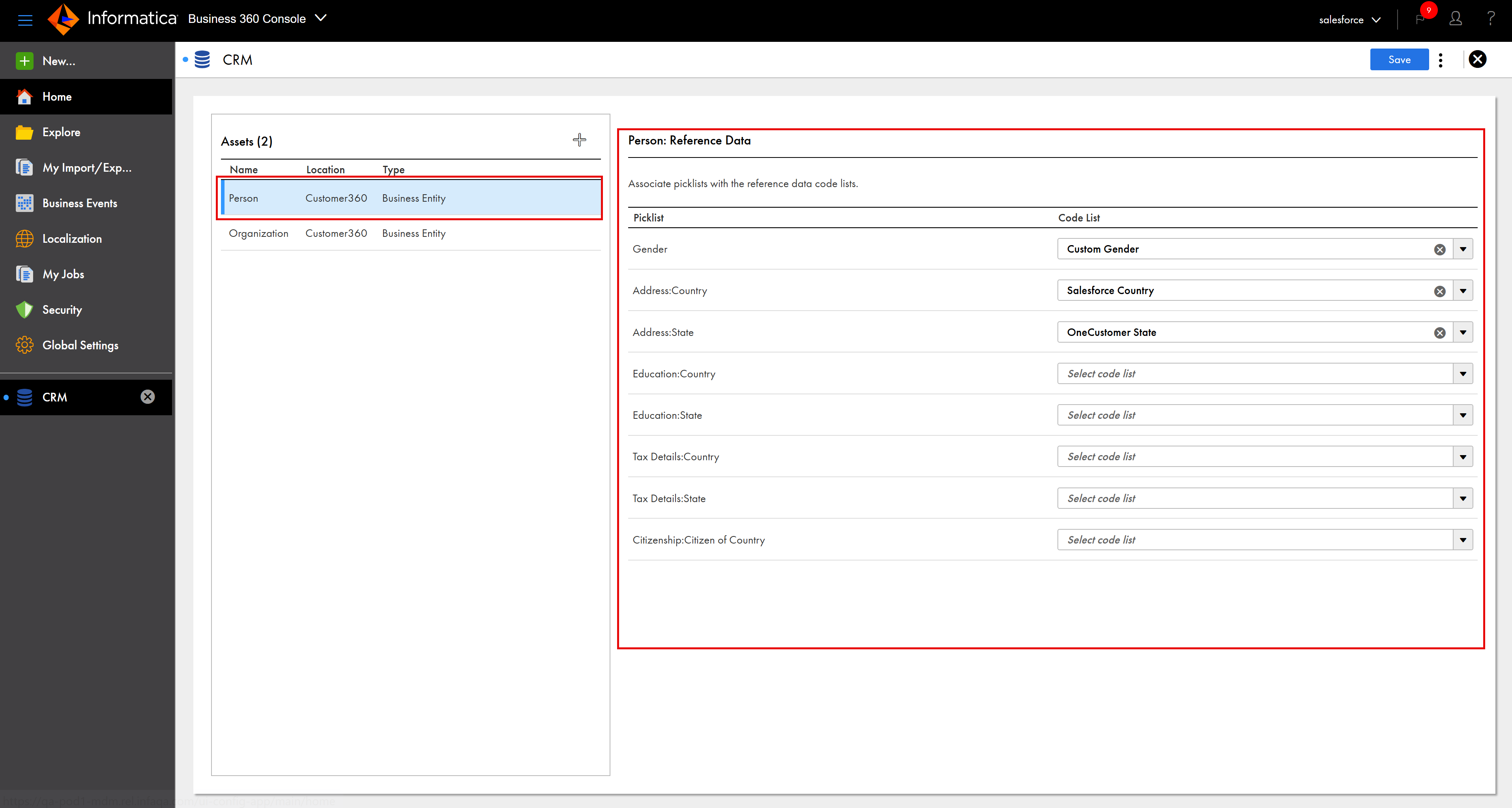 The CRM source system page shows the custom code lists in MDM - Reference 360 that you can associate with the picklists of the Person business entity. The CRM source system page shows the custom code lists in MDM - Reference 360 that you can associate with the picklists of the Person business entity.