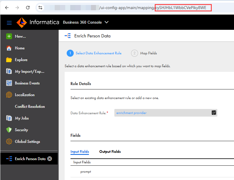 The URL of a rule association asset named Enrich Person Data ends with the artifact ID cySHJHbL1WbbCVePlky8WE.