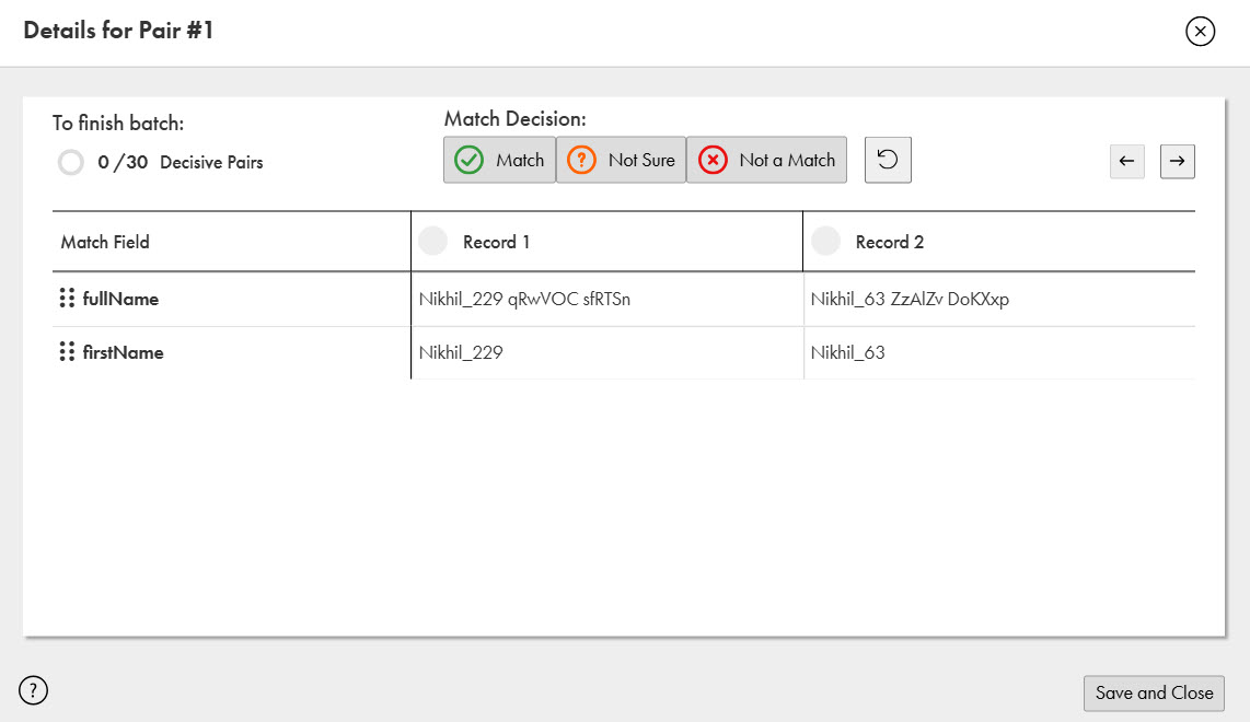 The image shows the Details for Record Pair #1 dialog box, which displays the batch completion status and the labels Match, Not Sure, and Not a Match. It also shows the match fields and the records in the pair.