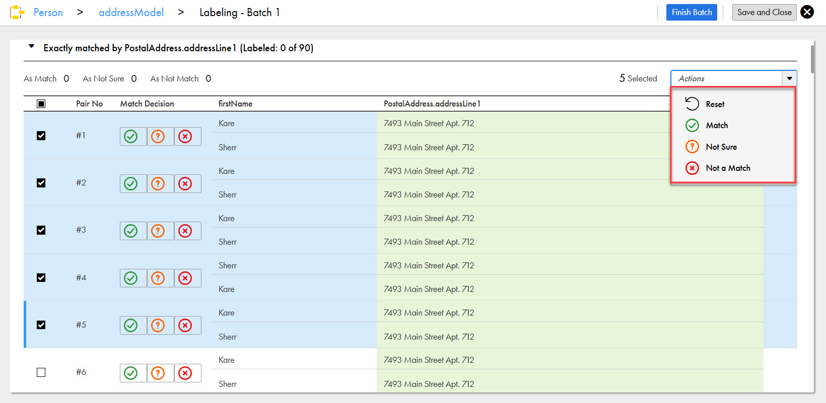 The Labeling - Batch 1 page displays multiple record pairs that are selected and set for bulk labeling using the labels, Match, Not Sure, and Not a Match.