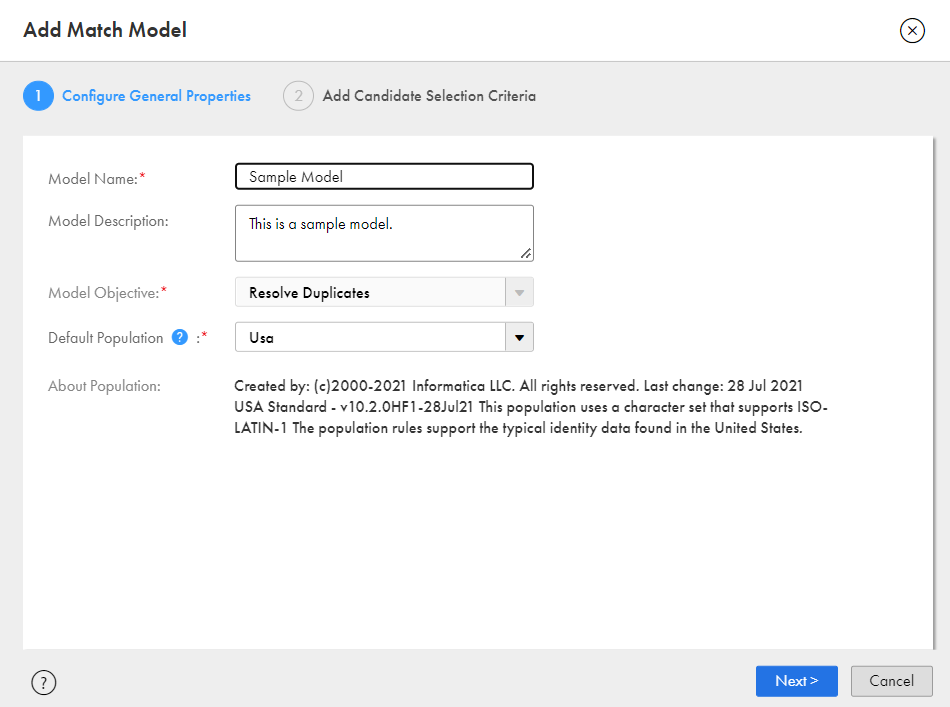 The Add Match Model dialog box shows the Model Name, Model Objective, Population, and About Population fields.