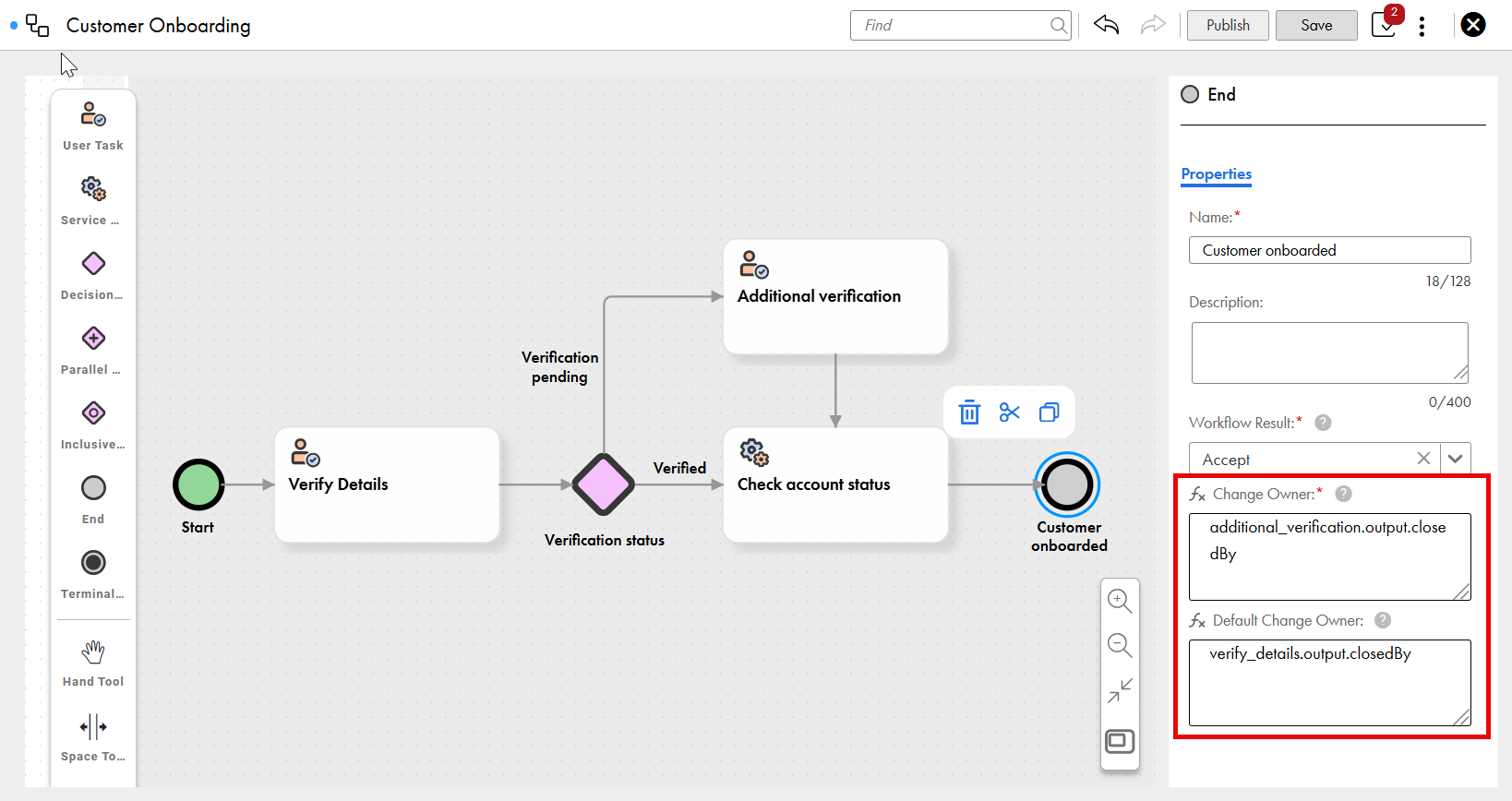 Workflow for customer onboarding, with user tasks, a service task, and a decision gateway for verifying details, leading to customer onboarding.