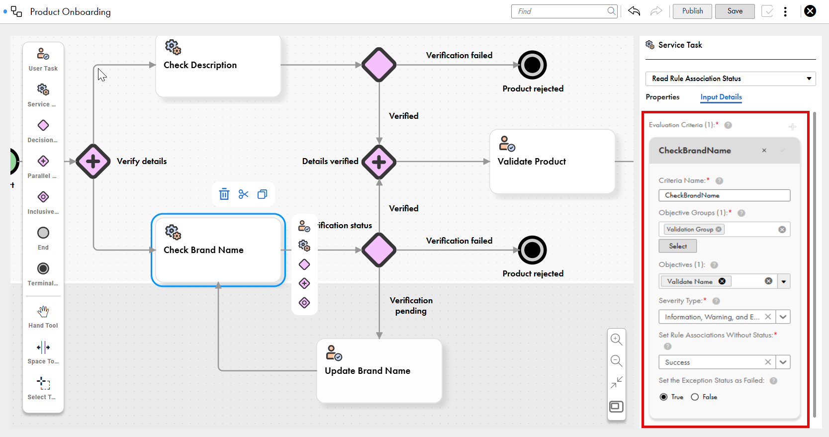 A portion of a workflow for product onboarding, with user tasks, service tasks, a parallel gateway, and decision gateways for checking description and brand name, leading to either product onboarding or rejection. The Evaulation Criteria section of the Input Details tab is highlighted. An evaluation criteria consists of several input fields.