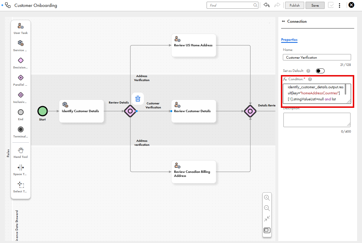 The image shows a portion of a workflow for customer onboarding, with user tasks, a service task, and an inclusive gateway for reviewing US home address, Canadian billing address, or other generic customer details, leading to customer onboarding or rejection. The condition field for the Customer verification connection is highlighted.