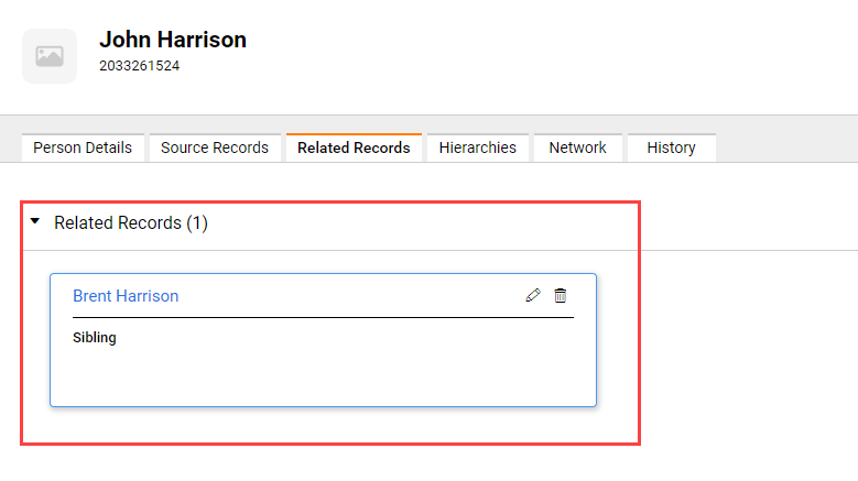 The image shows that the record of Brent Harrison is related to the record of John Harrison. It shows that Brent Harrison is a sibling of John Harrison.