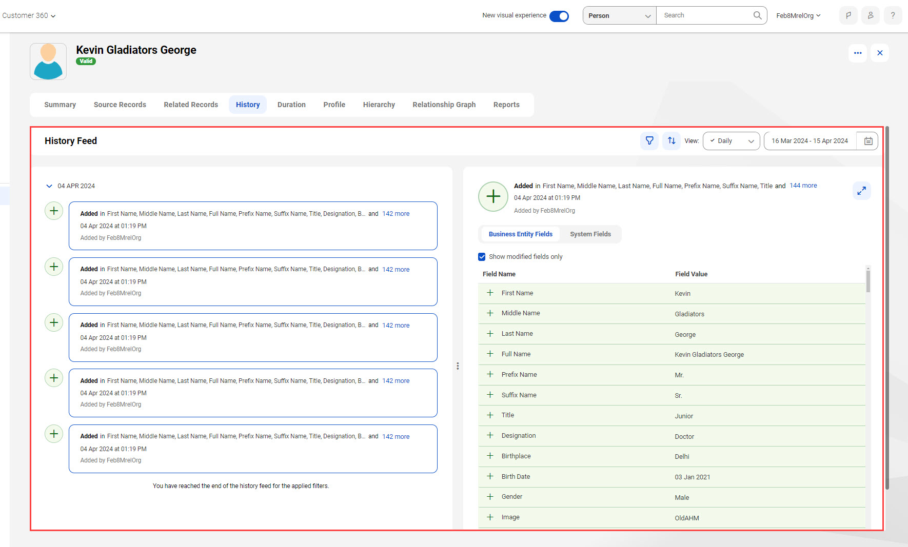 The image shows the History component of a record in Customer 360 SaaS. It shows the fields that are added and modified.