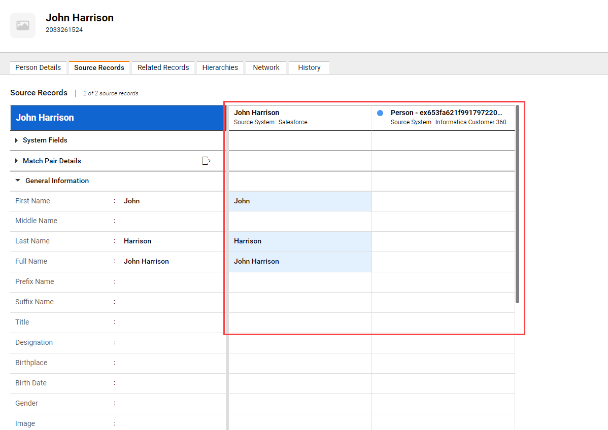 The image shows two source records that contribute to a master record in a business application. It shows the System Fields, Match Pair Details, and General Information sections.