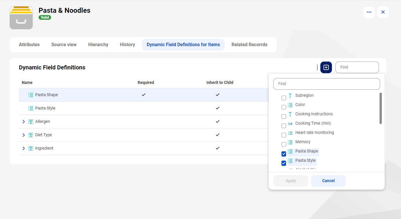 The image shows the dynamic field definitions, such as Pasta Shape and Pasta Style, that are selected for the Pasta and Noodles record in a business application.