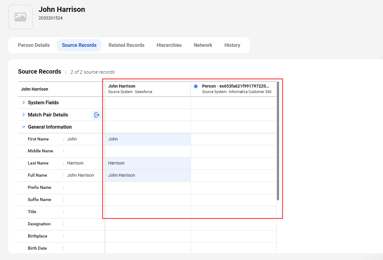 The image shows two source records that contribute to a master record in a business application. It shows the System Fields, Match Pair Details, and General Information sections.