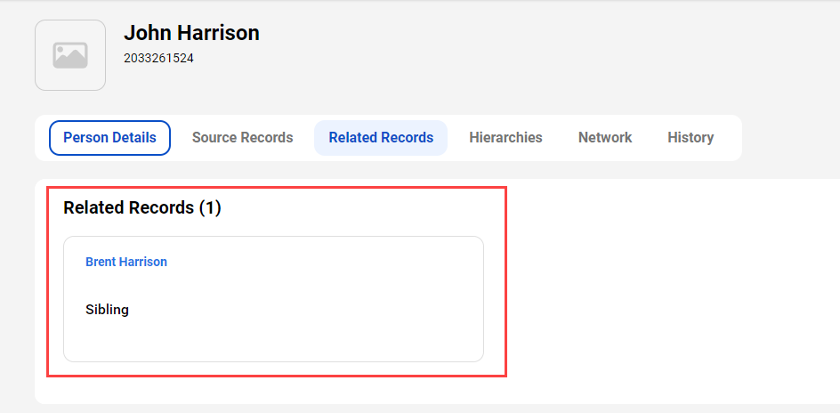 The image shows that the record of Brent Harrison is related to the record of John Harrison. It shows that Brent Harrison is a sibling of John Harrison.