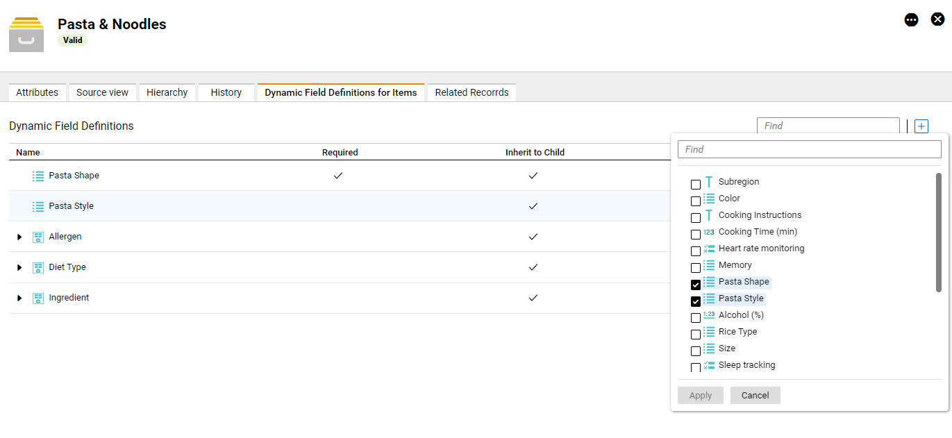 The image shows the dynamic field definitions, such as Pasta Shape and Pasta Style, that are selected for the Pasta and Noodles record in a business application.