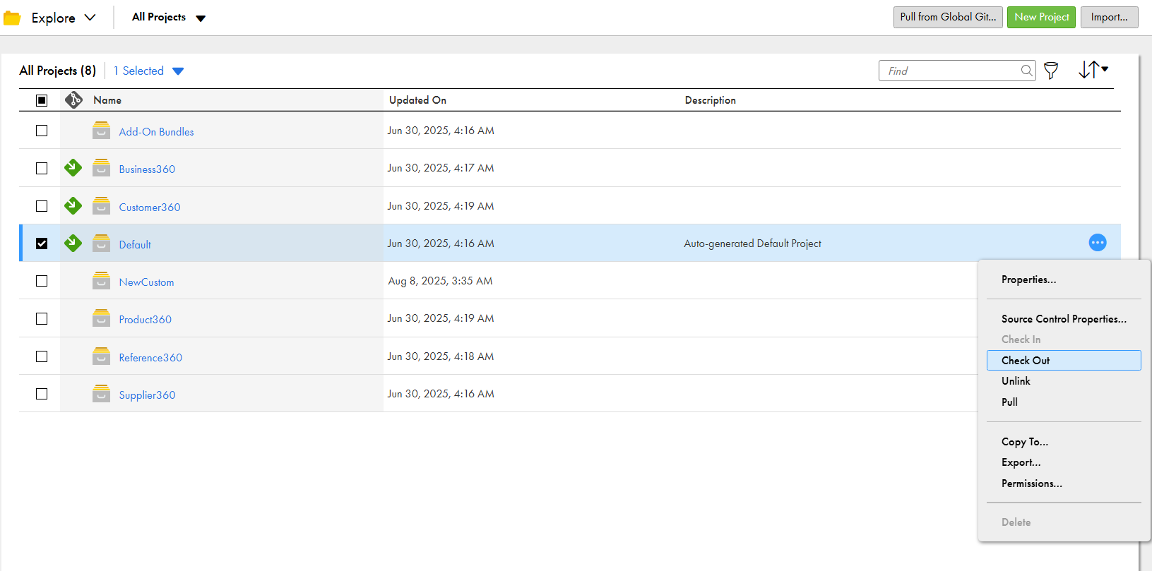 On the Explore page, the Action menu is open for the Default folder. The Action menu lists several possible actions, including the Check Out action.