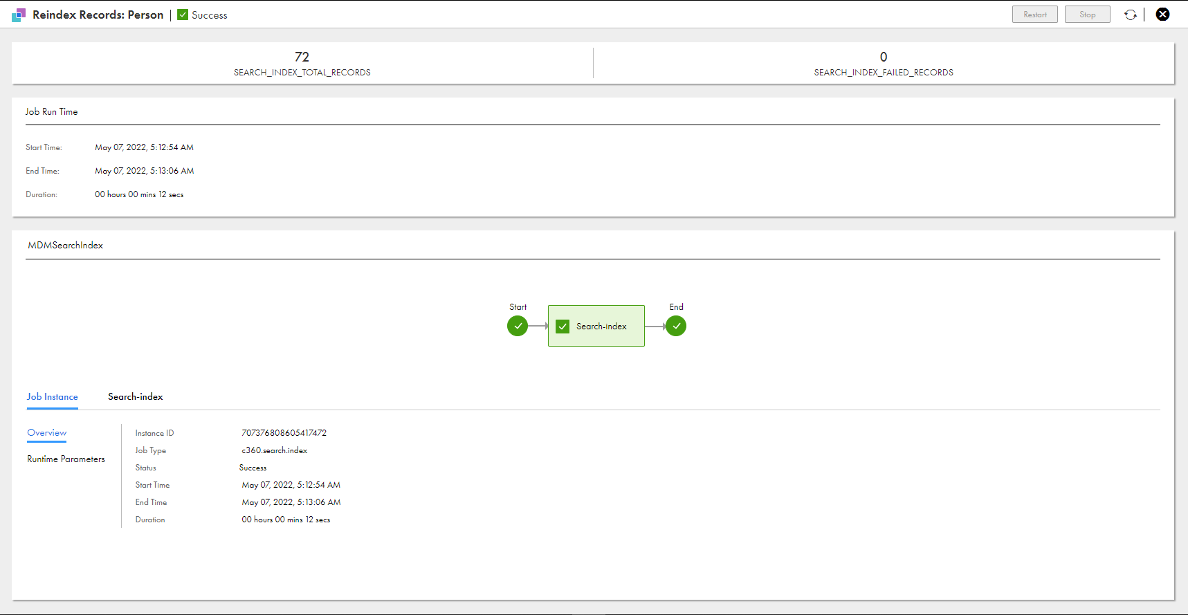 The image shows the details of the reindex job that is created when you import the business entity from one organization to the other.