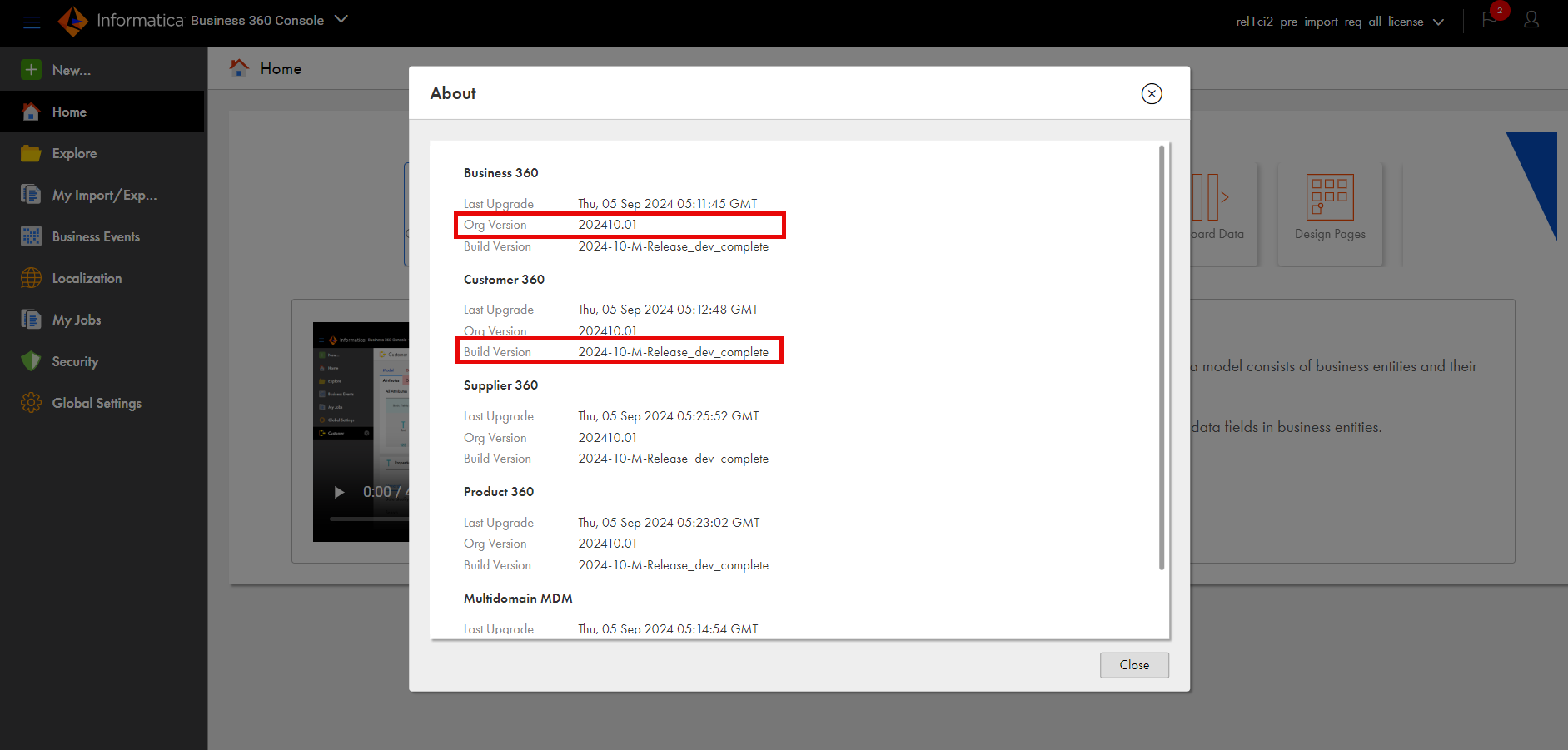 Org version and build version numbers for Business 360 Console, Customer 360, Supplier 360, and Product 360 are October 2024.